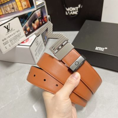 1:1  Montblanc Orange& Black Leather Belt with Silver Logo Buckle Steel Buckle  3.5cm